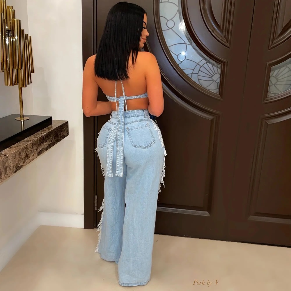 2023 Women's Sexy Tassel Denim 2 Piece Set: Crop Top + Wide Leg Pants